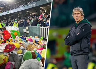 Hinchas del Betis de Pellegrini lanzaron 20 mil peluches al campo de juego para niños afectados por el DANA