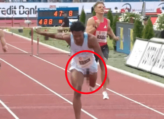 Literalmente, ganó por una cabeza: atleta norteamericano se impuso en importante prueba, pese a llegar a la meta con su pene al aire
